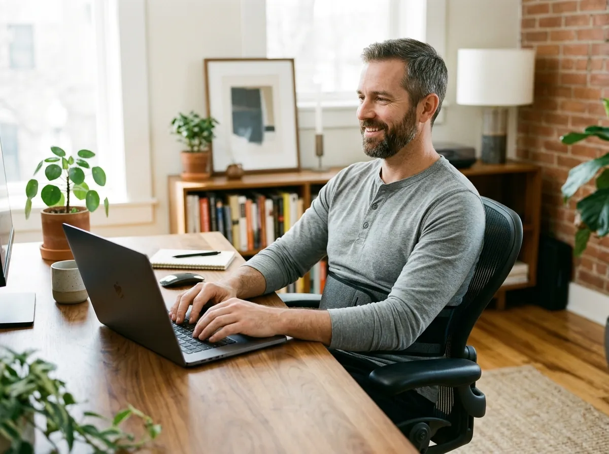 Working comfortably at a home office desk while wearing the Hewelth CoreThermo waist belt