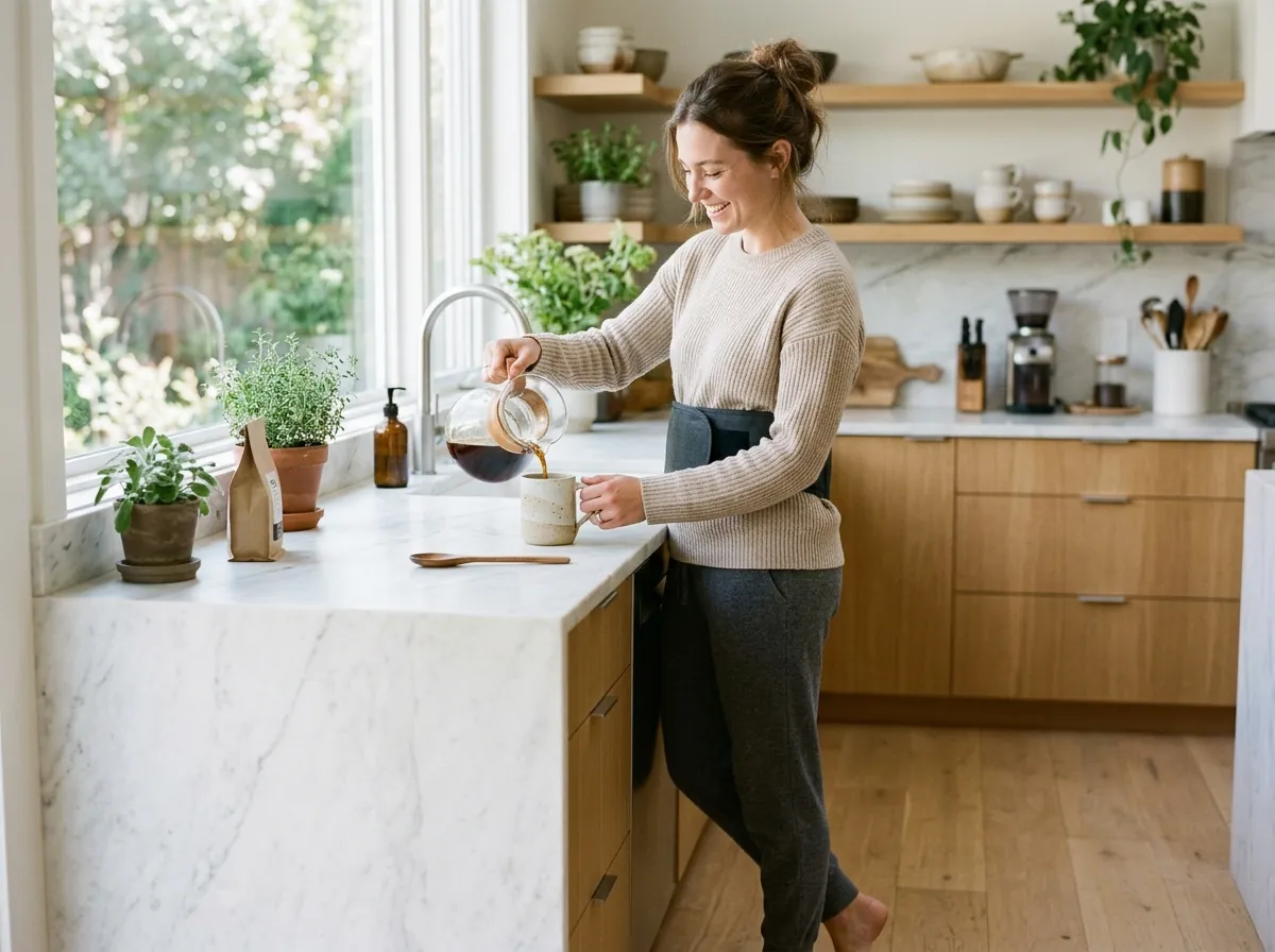 Standing in a sunlit kitchen wearing the cordless Hewelth CoreThermo lumbar belt