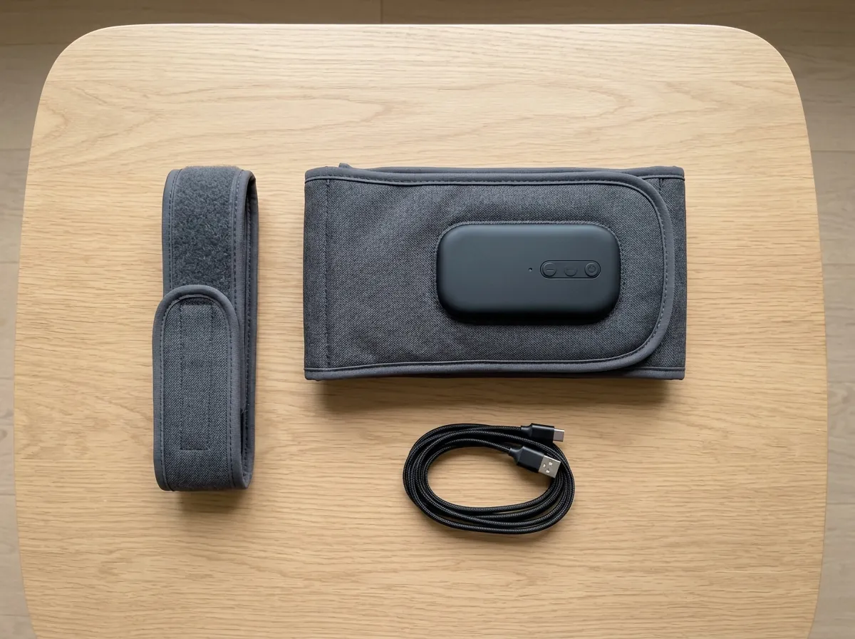 Hewelth CoreThermo lumbar belt, USB-C charging cable, and extension strap on a wooden table